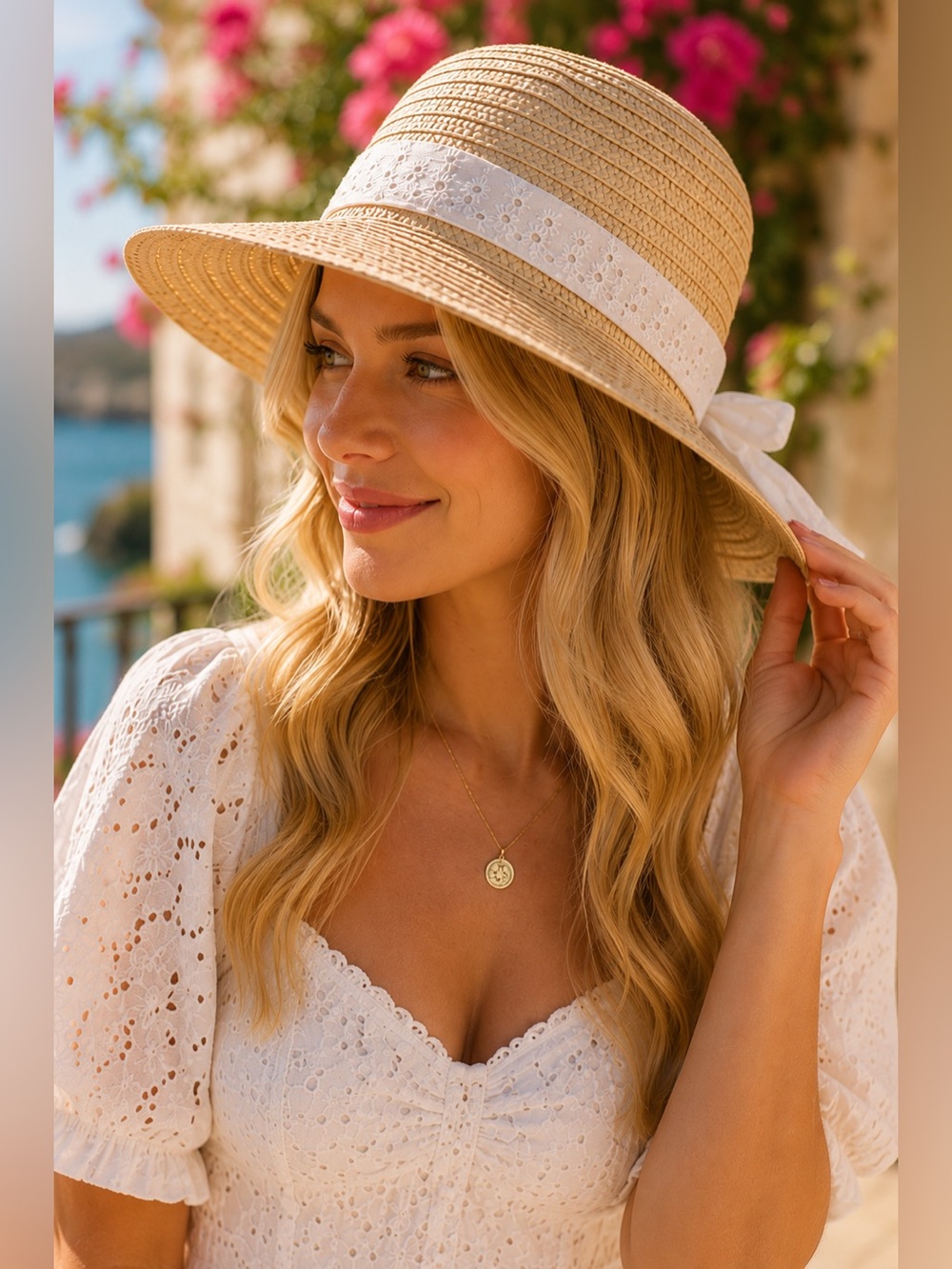 Little Lass Straw Sun Hat with White Embroidered Ribbon Bow NWT OS